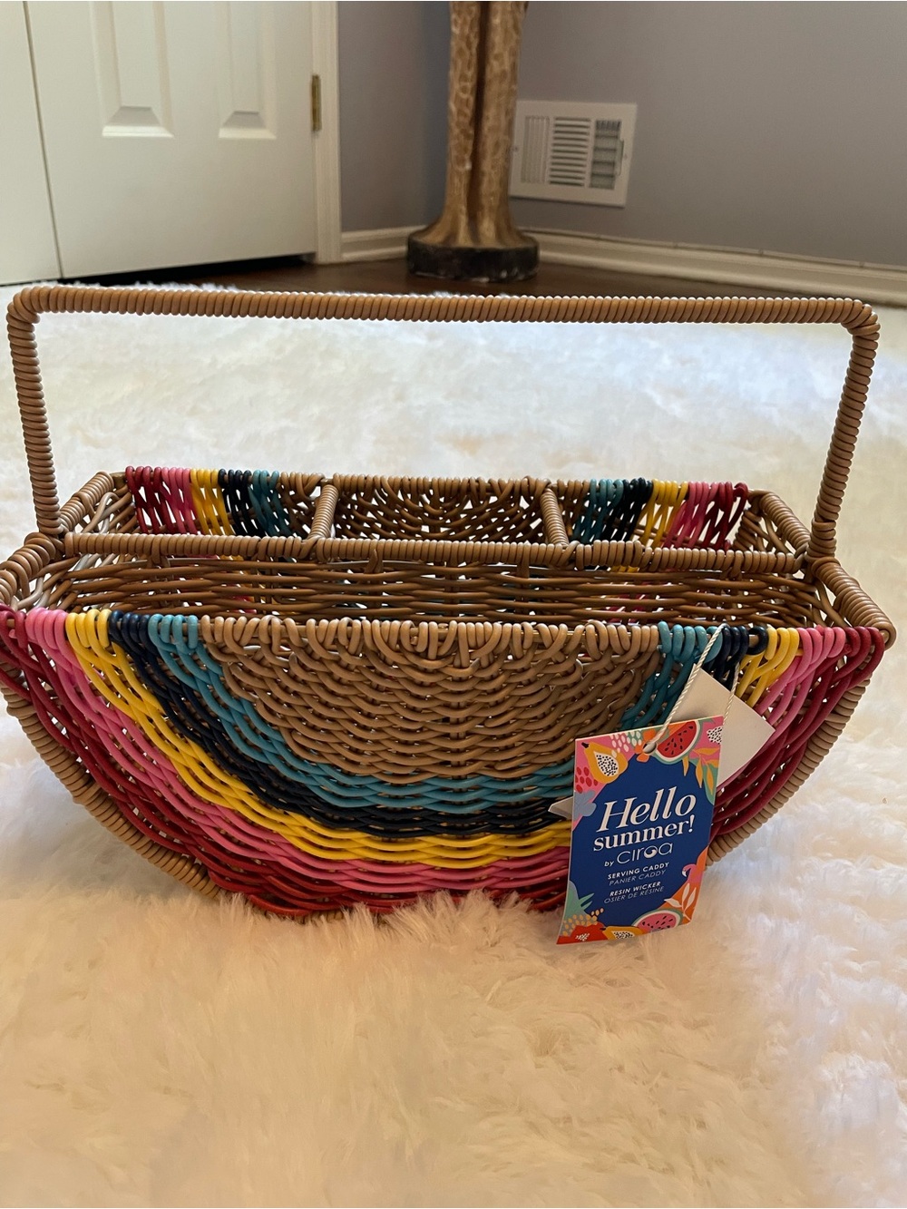 Ciroa Multicolor Woven Serving Caddy in Pink, Yellow, Blue, Teal, Natural